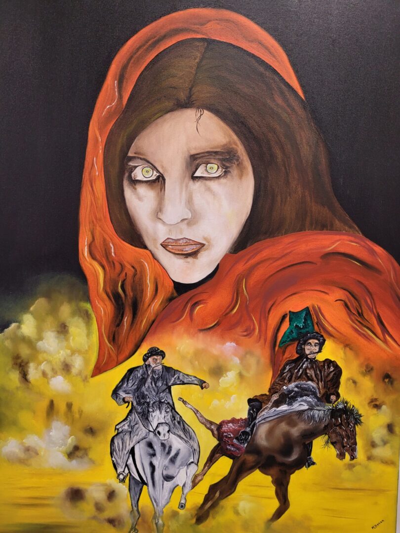 A painting of a woman with red hood and horse.